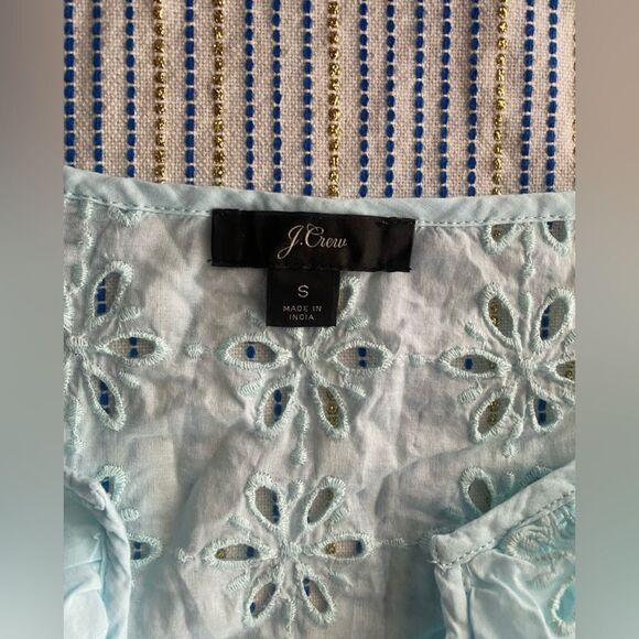 J Crew Top Eyelet Pullover Tunic Blouse Mint 3/4 Sleeve Ruffle Neck Cotton Sz S - Picture 5 of 12